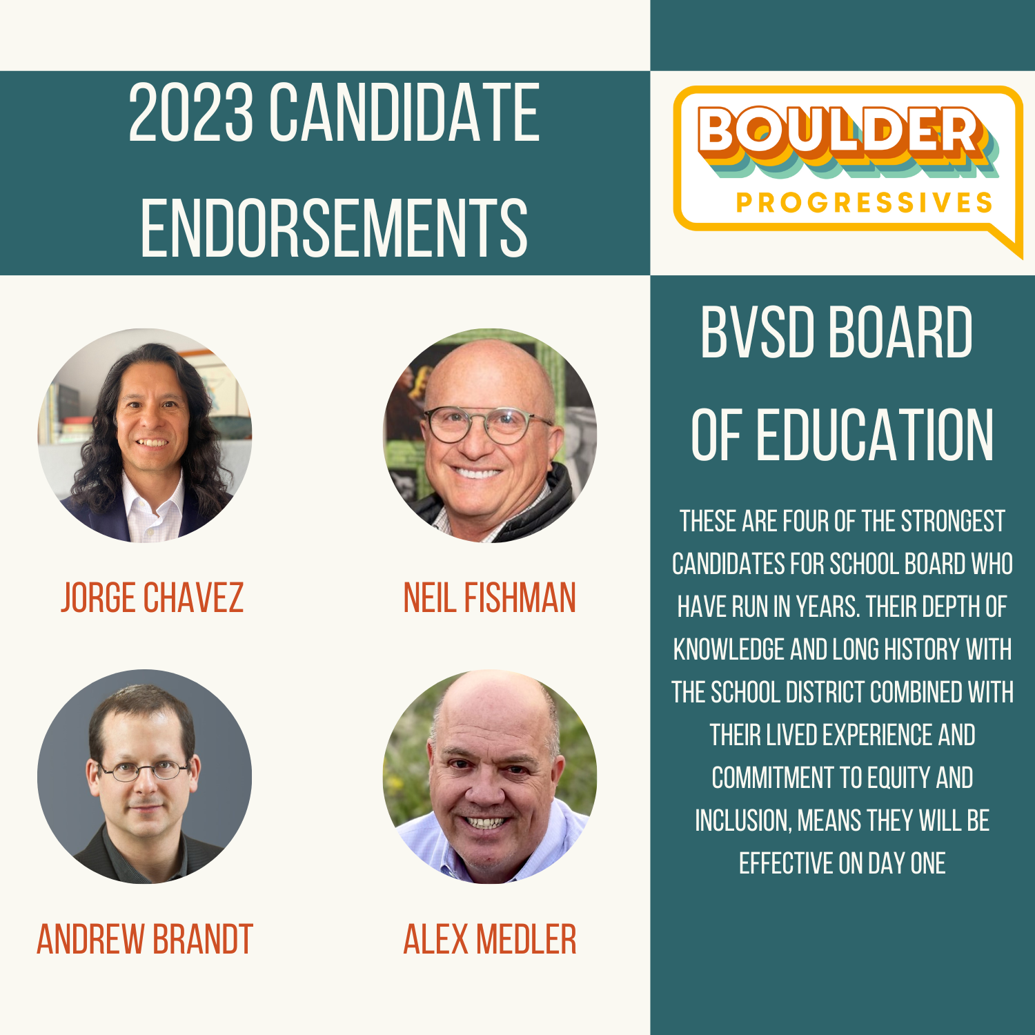  Acknowledging the strong ties between our city and our school district, Boulder Progressives is also endorsing candidates for the BVSD Board of Education for the first time. “Jorge Chavez, Neil Fishman, Andrew Brandt, and Alex Medler are four of the strongest candidates who have run in years,”  said Lisa Sweeney-Miran, Boulder Progressives board executive team member “Their depth of knowledge and long history with the school district combined with their lived experience and commitment to equity and inclusion, means they will be effective on day one.”  “We believe in a Boulder that is open, welcoming, and inclusive,” said Dan Williams, Boulder Progressives board executive team member, “Our 2023 candidate endorsements represent a positive vision for the future of Boulder and for the surrounding community. When our leaders prioritize people and put our community first, we can achieve great things.”  All Boulder Progressives 2023 candidate endorsements can be found at the  Boulder Progressives Candidates page .  Boulder Mayor: Aaron Brockett and Nicole Speer (in this ranked choice election, we encourage voters to rank each of these two great candidates, one as their first choice and one as their second).  Boulder City Council: Taishya Adams and Ryan Schuchard   BVSD Board Of Education: Jorge Chavez, Neil Fishman, Andrew Brandt, and Alex Medler  For questions or follow-up please use our  contact form  or sign up for our  email list . 