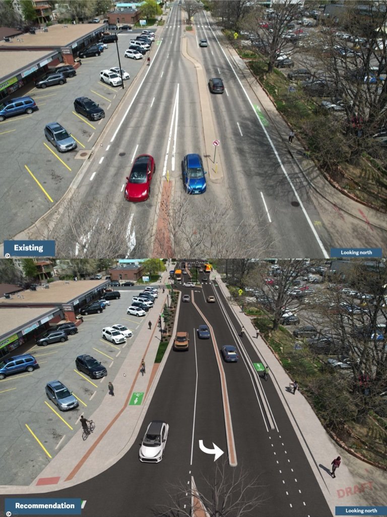 Folsom Street central section, looking north from Arapahoe, before and after the recommended safety improvements