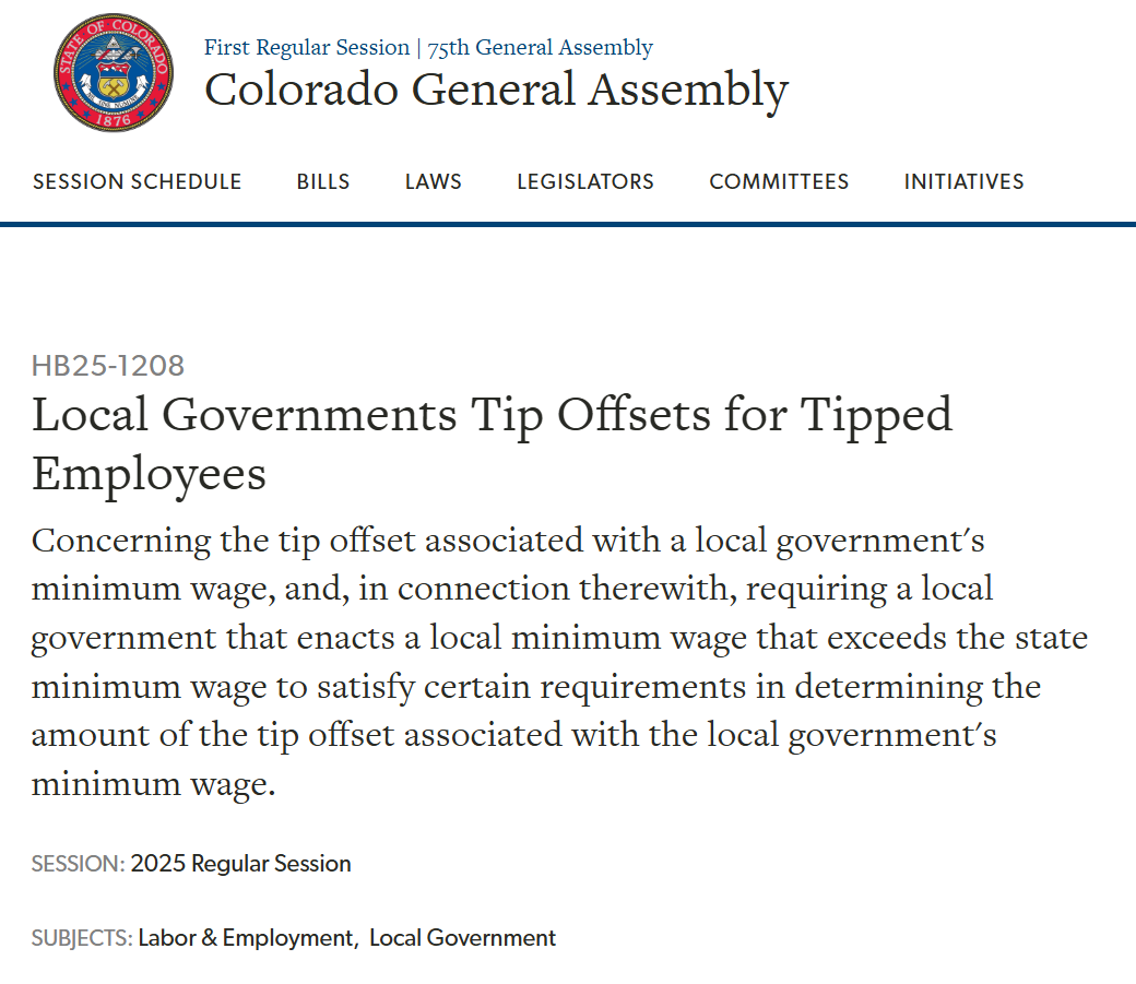 Statement from Boulder Progressives opposing Colorado HB25-1208 - Local Governments Tip Offsets for Tipped Employees