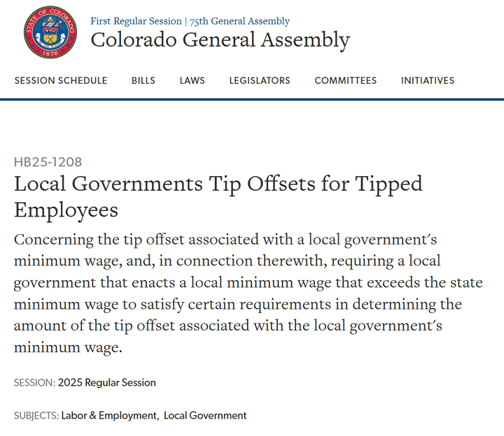 Statement from Boulder Progressives opposing Colorado HB25-1208 - Local Governments Tip Offsets for Tipped Employees