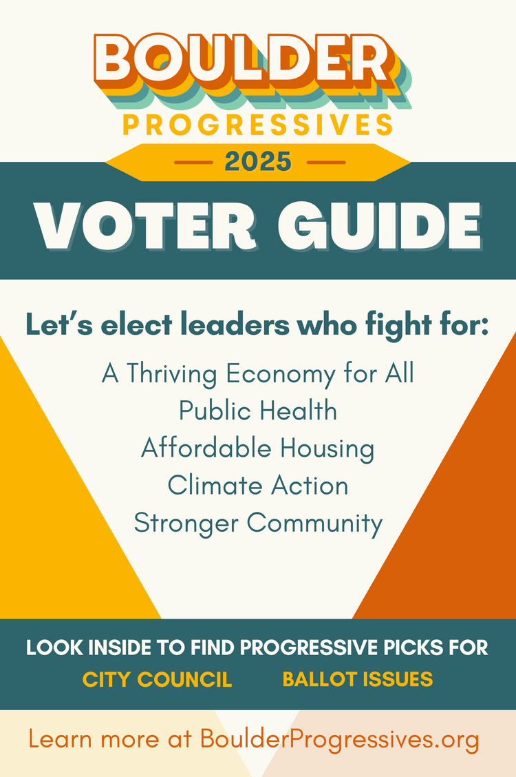 Boulder Progressives 2025 physical voter guide cover to be distributed throughout households in Boulder